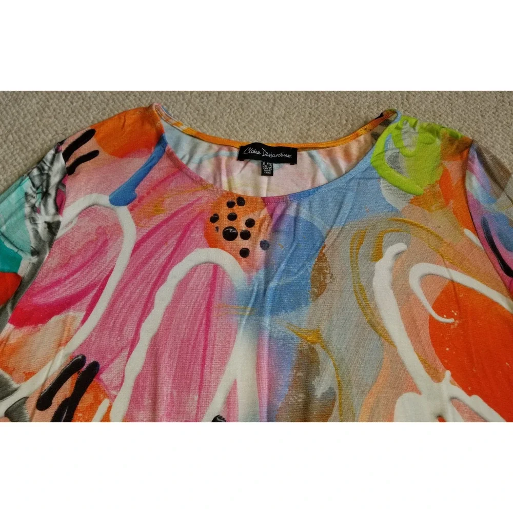 Womens Top-CLAIRE DESJARDINS-multicolor abstract knit tunic lagenlook artsy-XL